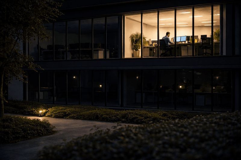 Beleuchtetes Grossraumbüro bei Nacht mit moderner energieeffizienter Innenbeleuchtung und arbeitender Person am Computer.